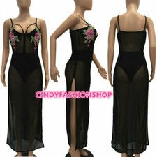 Maxi Vestido Cindy Moda Sexy Mujer Sin Mangas Floral Bordado Malla Retazos
