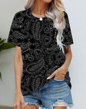Blusa Camiseta Mujer Negro Blanco Paisley Gráfico Moda Manga Corta Sedoso Suave