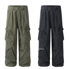 Pantalones cargo plisados estilo retro para hombre varios bolsillos largos rectos sueltos