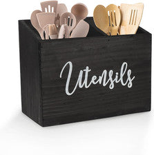 Soporte para utensilios de cocina, soporte para utensilios negro 2 compartimentos, organiza utensilios de madera