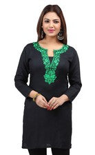 Túnica Kurti bordada de algodón rayón para mujer mangas 3/4 negra EYON03