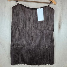Mini Vestido Zara Marrón Flecos en Niveles Sin Tirantes Estilo Aleta Mujeres Grande Festival