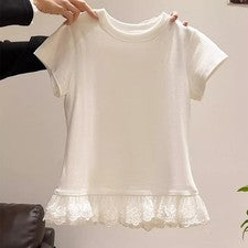 Cómoda camiseta de manga corta con cuello redondo de encaje para mujer para estilo cotidiano