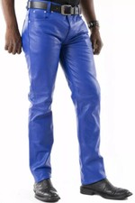 Pantalones de motociclista de cuero genuino para hombre - estilo de equitación de cuero real azul real