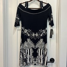 Vestido para mujer Artex Fashions hombro frío negro talla pequeña diseño floral