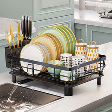 Escurridor Plato Hierro con Bandeja Extensible Cocina Utensilios Cuchillos Negro