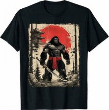 Camiseta gráfica Samurai Bigfoot estilo japonés Katana roja sol negra para hombre