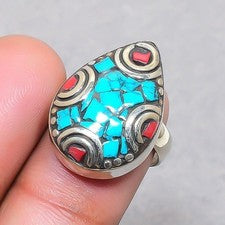 Anillo ajustable nepalí joyería bohemia hecha a mano coral turquesa tibetano SR 3021
