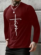 Camiseta Borgoña Rojo Fe Cruz Moda Casual Hombres Manga Larga Color Sólido Suave