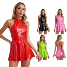 Mini vestido sin mangas de charol con cuello halter de moda para mujer Wetlook