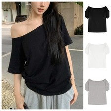 Camiseta para mujer poliéster color liso un hombro calce suelto dobladillo irregular top