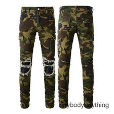 Pantalones de mezclilla para hombre rasgados ajustados de camuflaje estilo militar elásticos deshilachados parche de PU 