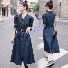 Nuevo Vestido Coreano Para Mujer Denim Ajustado Manga Larga Moda Cinturón Largo Jean Vestido