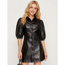 Vestido informal formal hecho a mano elegante negro para mujer de cuero de piel de cordero real elegante