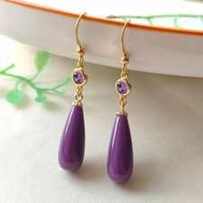 Pendientes de jade púrpura natural para mujer joyería de cristal gancho colgante gota para los oídos