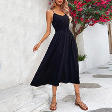 Vestido para mujer verano nuevo color liso moda fuera del hombro vestido con tirantes