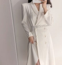 Moda Vestido Doble Pecho Dividido Para Mujer Suelto Manga Larga Vestidos Traje Vestido