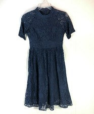 Vestido cuadrado para mujer talla pequeña azul marino de encaje manga corta midi forrado
