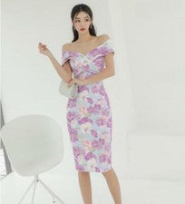 Vestido lápiz floral paquete cadera ajustado cuello en V con hombros descubiertos para mujer 2022 moda