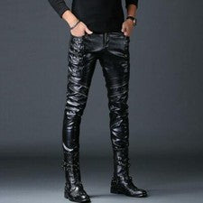 Moda Para Hombres Motocicleta Cuero PU Punk Ajustado Calce Ajustado Pantalones Informales Pantalones