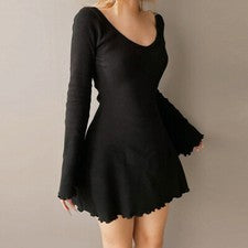 Minivestido de punto de mujer manga larga elástico con volantes sexy slim suave negro moda