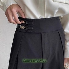 Pantalones de pierna ancha japoneses informales sueltos con hebilla de metal para hombre Traje de moda Pa