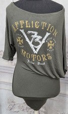Nuevo Mini Vestido AFFLICTION Para Mujer XS Negro Premium Hombro Caído Reunido Oliva