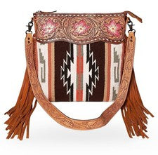 Bolso Bandolera Western Tooled Cuero Navajo Azteca Tejido Bolso de Mano con Flecos
