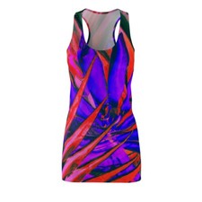 Vestido para mujer corte y costura espalda cruzada estampado futurista neón naturaleza tropical