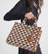 NUEVO PRADA Símbolo Tela Bordada Pequeño Bolso de Mano Patrón Tabaco Blanco