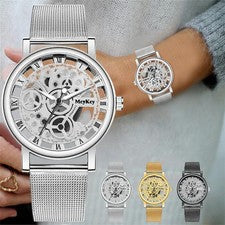 Reloj mecánico de imitación de esqueleto hueco para mujer Reloj de cuarzo de malla metálica para dama Regalo