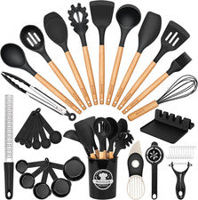 Juego de 39 utensilios, mango de madera de silicona, juego resistente al calor 446 ° F, sin BPA