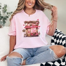 Camiseta Pink Heart Café para mujer hilada en anillo amor parisino regalo de San Valentín para ella