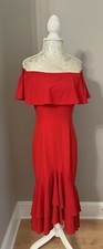 Vestido de cóctel Boston Proper para mujer 0 rojo fuera del hombro con volantes en capas