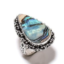 Anillo de joyería de plata de ley 925 hecho a mano con concha de abulón talla 8 R644