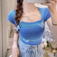 Verano Para Mujer Camiseta Tejida Mariposa Manga Corta 2024 Verano Nuevo Estilo Prendas para el torso