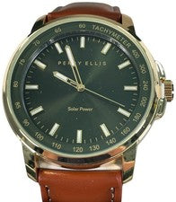 Reloj Perry Ellis Solar Powered Esfera Verde Cuero Marrón Estuche Tono Dorado NUEVO