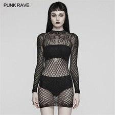 Vestido Corto Punk Rave Mujer Negro Mesg Ver a Través Calce Ajustado Gótico Tejido