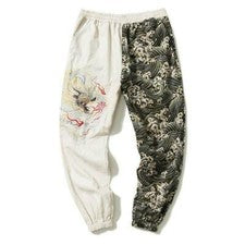 Pantalones harén bordados dragón para hombre pantalones étnicos cintura elástica retro informales