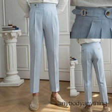 Seersucker Hombres Verano Azul Rayas Nápoles Pantalones Rectos Cintura Alta Pantalones Lo último
