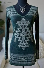 Camisa Y2K Vocal Apparel Para Mujer Cristal Mineral Lavado Verde Azteca Bling S M L