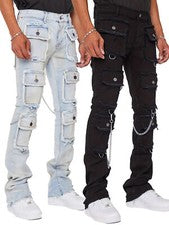 Pantalones de mezclilla informales estilo callejero decoración cadena motociclista calce ajustado para hombre