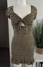 Mini Vestido de Verano Moda Boutique Para Mujer Verde Floral Con Volantes Calados