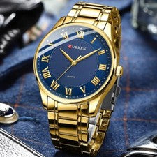Orologio Da Polso Curren 8409 Uomo Analogico Quarzo Luxury Dorato Blu lac