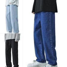 Pantalones de mezclilla para hombre Streetwear pierna recta calce suelto cordón informales lisos