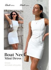 Vestido ceñido al cuerpo de verano sin mangas con cuello de barco para mujer - Calce ajustado Fiesta Club Estilo M