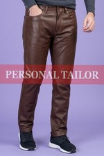 Pantalones de mezclilla de cuero real marrón genuino para hombre estilo 5 bolsillos pantalones de moto
