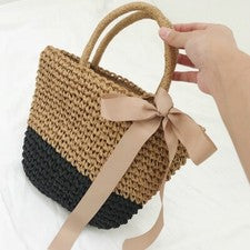 Mujeres Paja Vacaciones Bolso de Mano Bolso de Mimbre Ratán Crochet Cesta Caqui