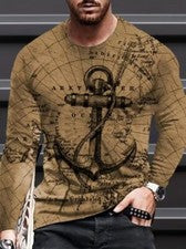 Camiseta Hombres Marrón Ancla Náutica Estampado Gráfico Moda Manga Larga Tee