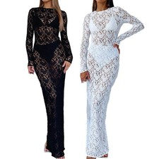 Sexy Hueco Estampado Encaje Transparente Vestido Largo para Mujer Fiesta Y2K Dama